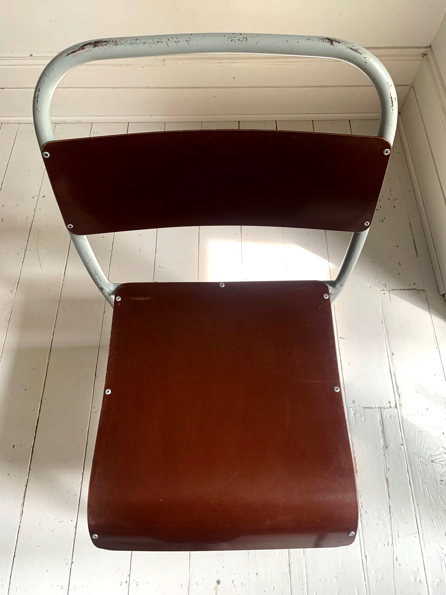 4xVintage 'Nest-A-Bye' Stacking Chairs Pale Grey/Blue Tubular Metal /Brown Seats