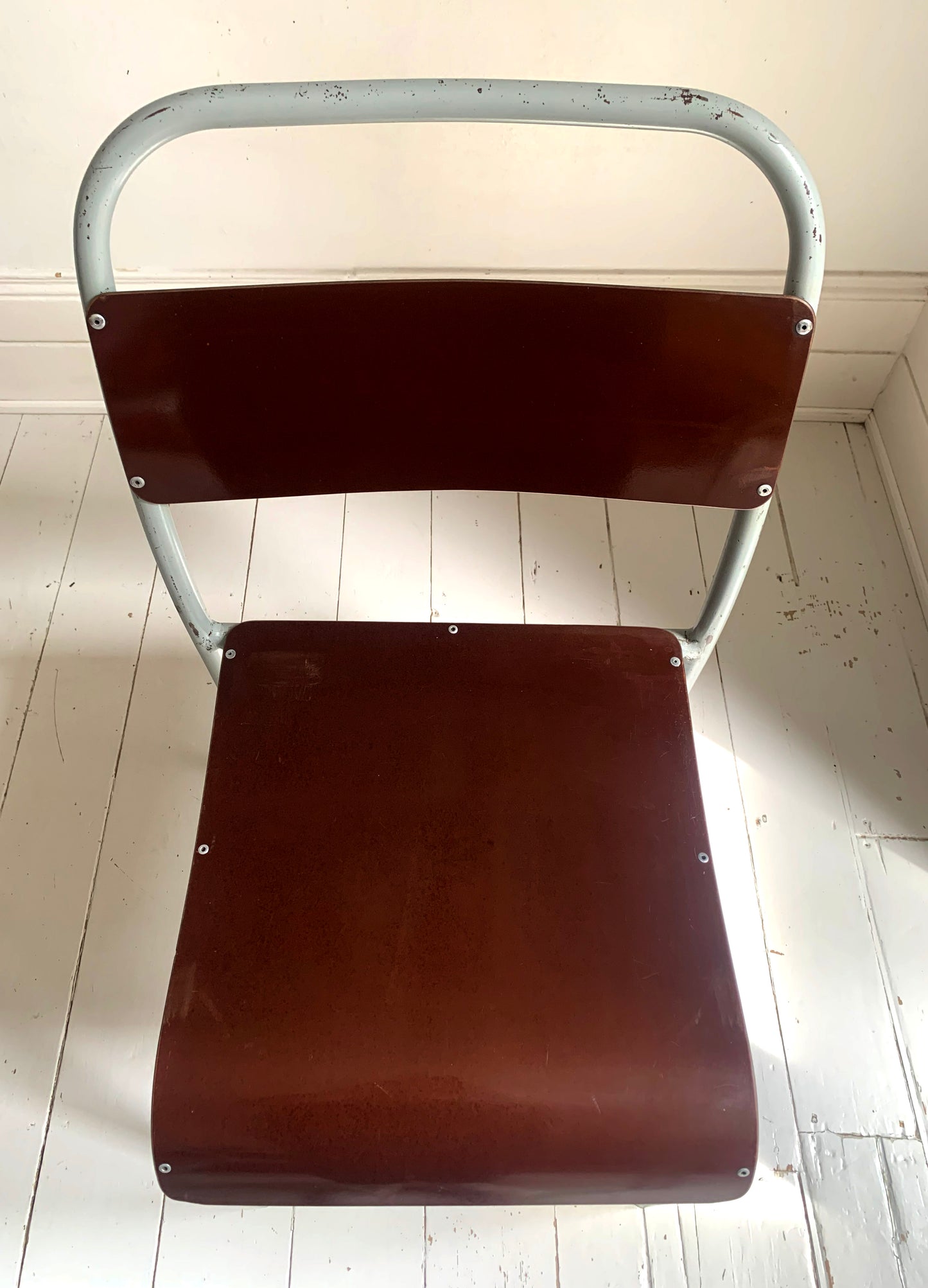 4xVintage 'Nest-A-Bye' Stacking Chairs Pale Grey/Blue Tubular Metal /Brown Seats