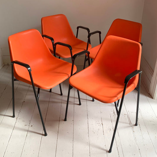 4 x Rare Vintage Robin Day, for Hille Orange Stacking Chairs w/ Arms
