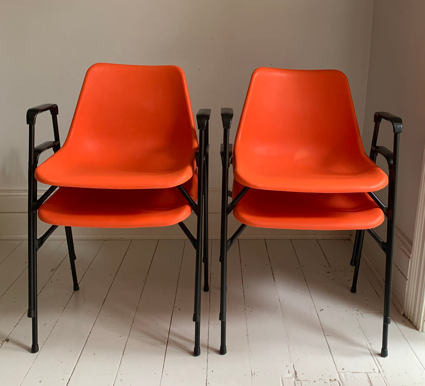 4 x Rare Vintage Robin Day, for Hille Orange Stacking Chairs w/ Arms