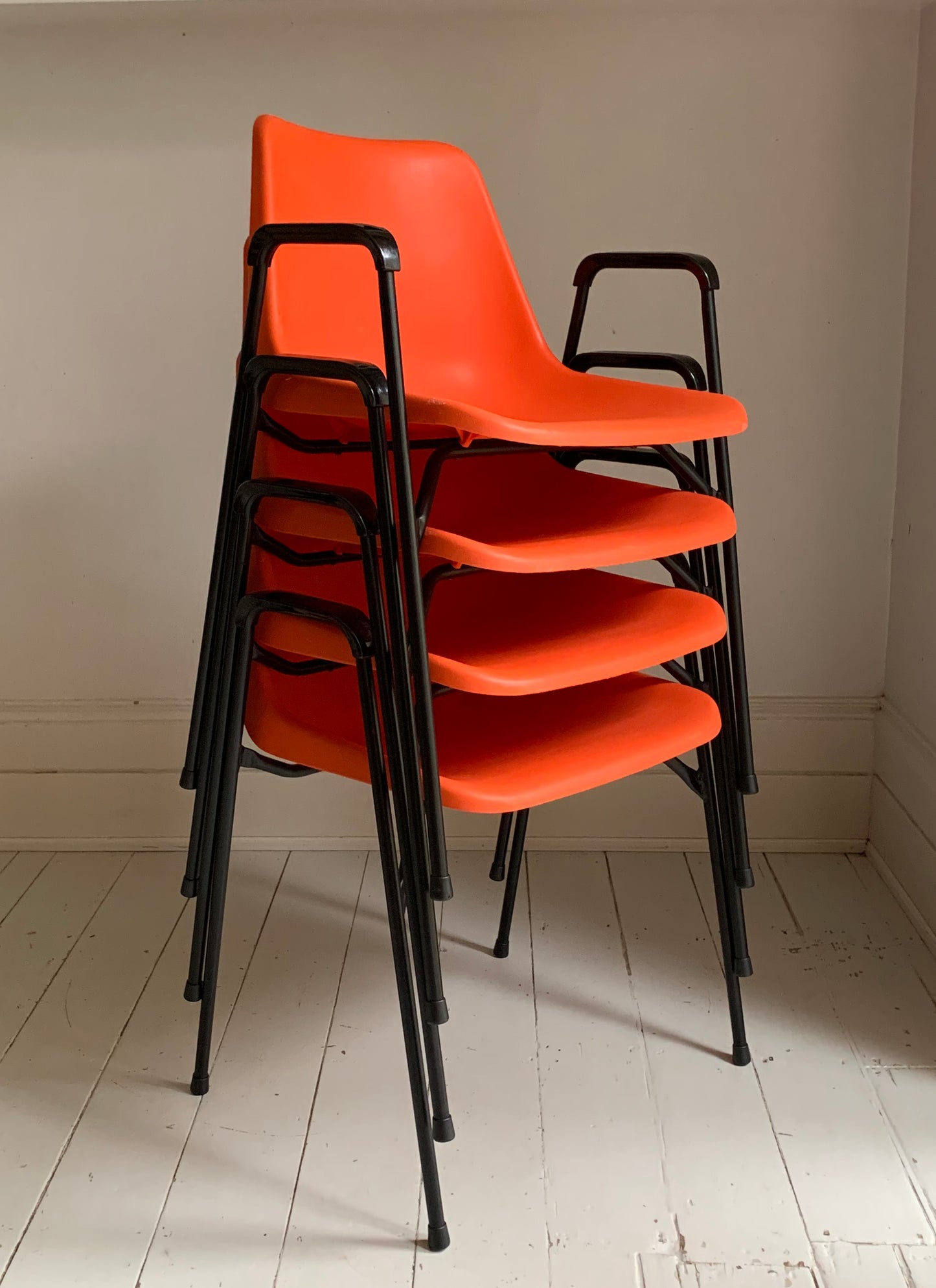 4 x Rare Vintage Robin Day, for Hille Orange Stacking Chairs w/ Arms