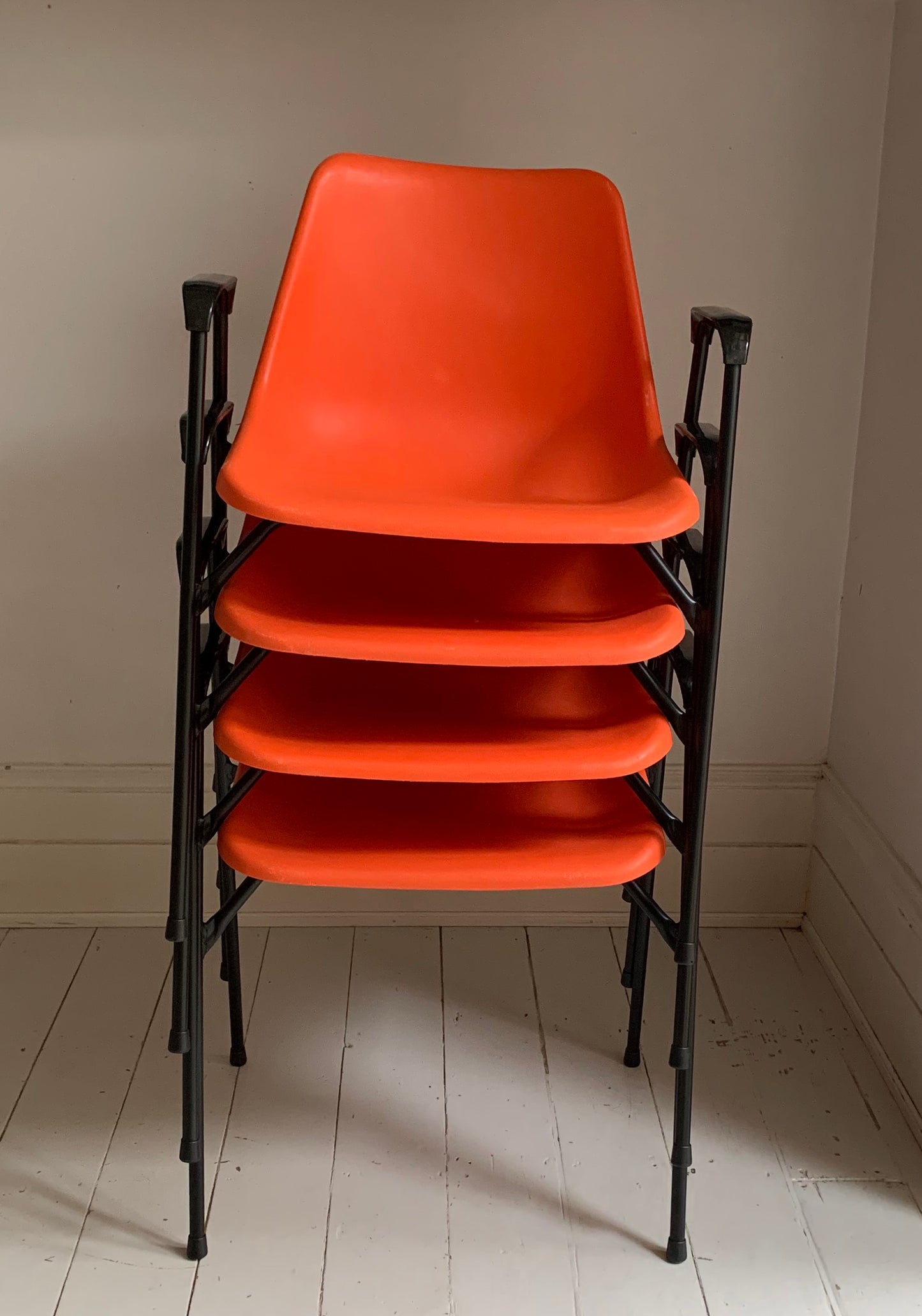 4 x Rare Vintage Robin Day, for Hille Orange Stacking Chairs w/ Arms