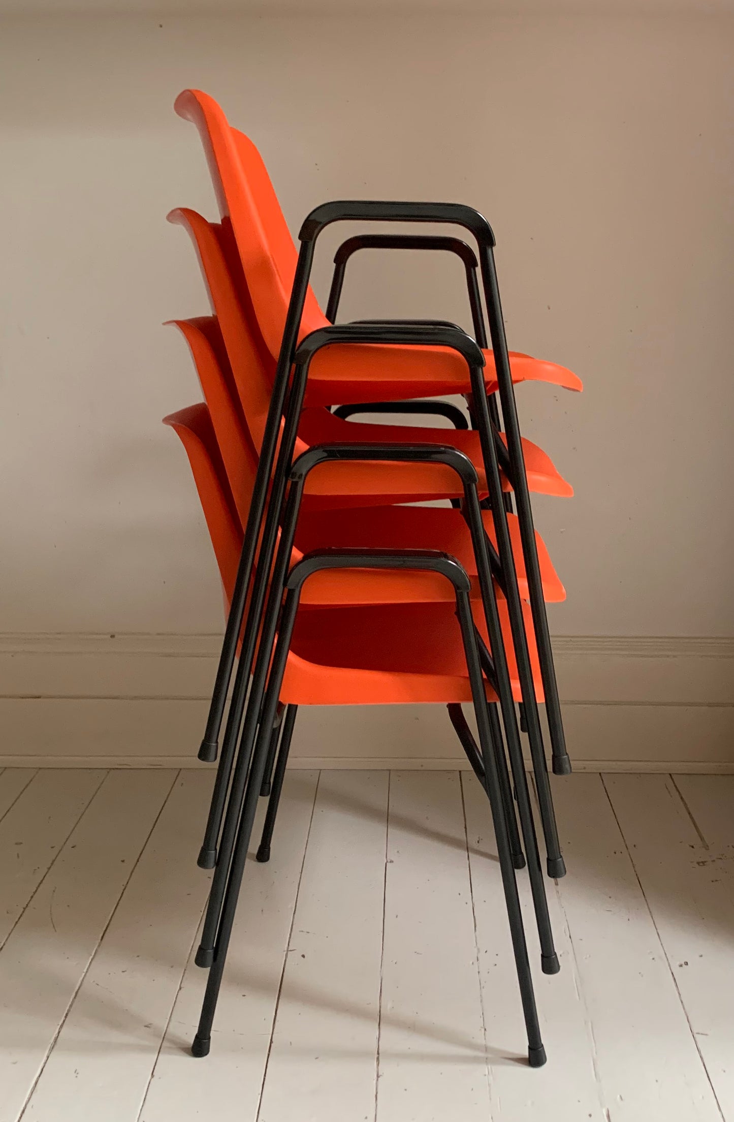 4 x Rare Vintage Robin Day, for Hille Orange Stacking Chairs w/ Arms