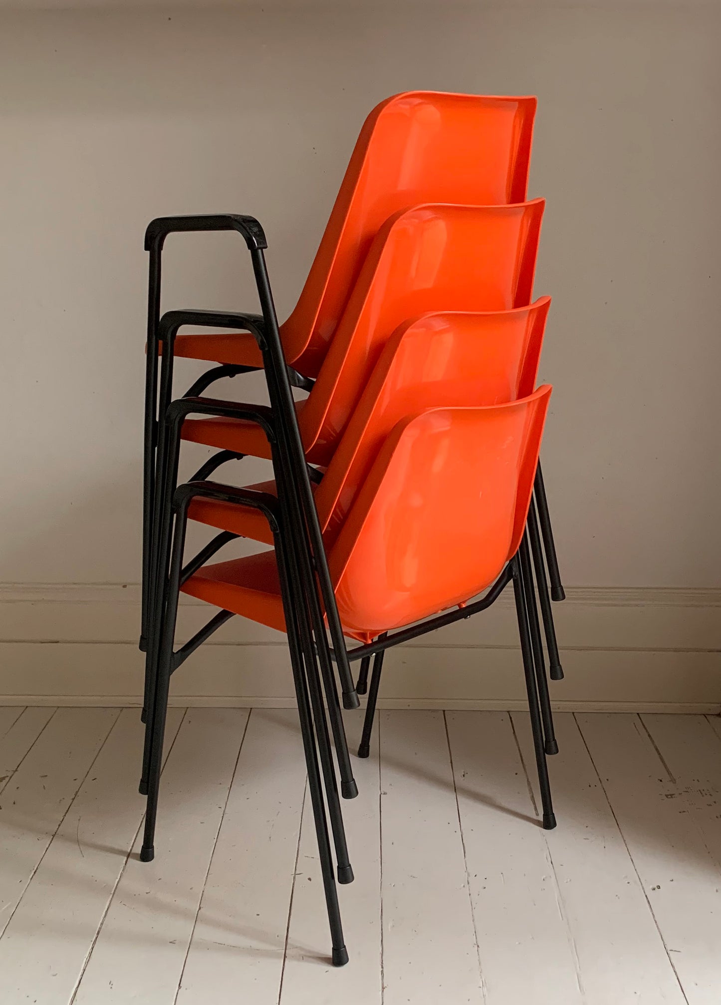 4 x Rare Vintage Robin Day, for Hille Orange Stacking Chairs w/ Arms