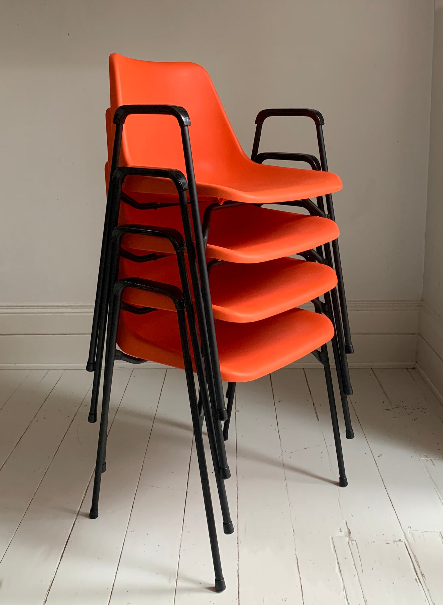 Rare Vintage Robin Day, for Hille Orange Stacking Chairs w/ Arms, 4/10 chairs A