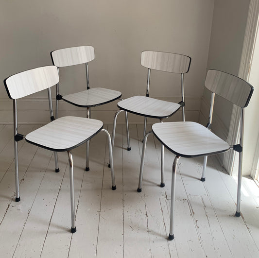 4 x Mid Century Formica Kitchen, Dining Chairs, Light Grey Seats & Chrome Frames