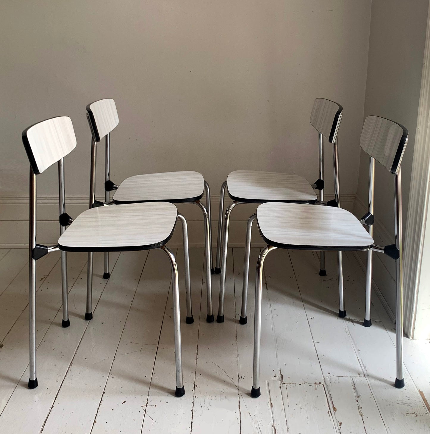 4 x Mid Century Formica Kitchen, Dining Chairs, Light Grey Seats & Chrome Frames