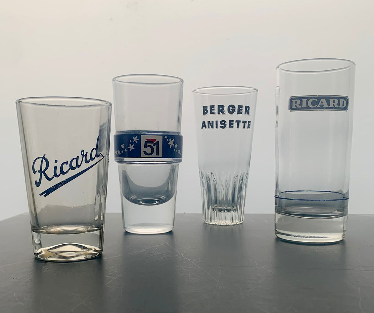 4 x Vintage French Mixed Set Pastis Glasses - Ricard/Pastis 51 & Berger Anisette