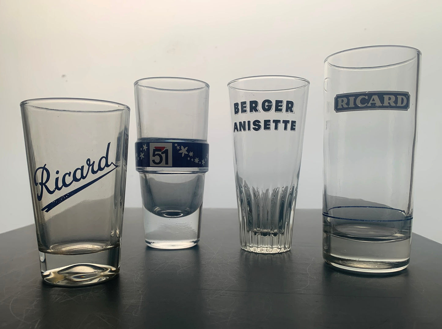 4 x Vintage French Mixed Set Pastis Glasses - Ricard/Pastis 51 & Berger Anisette