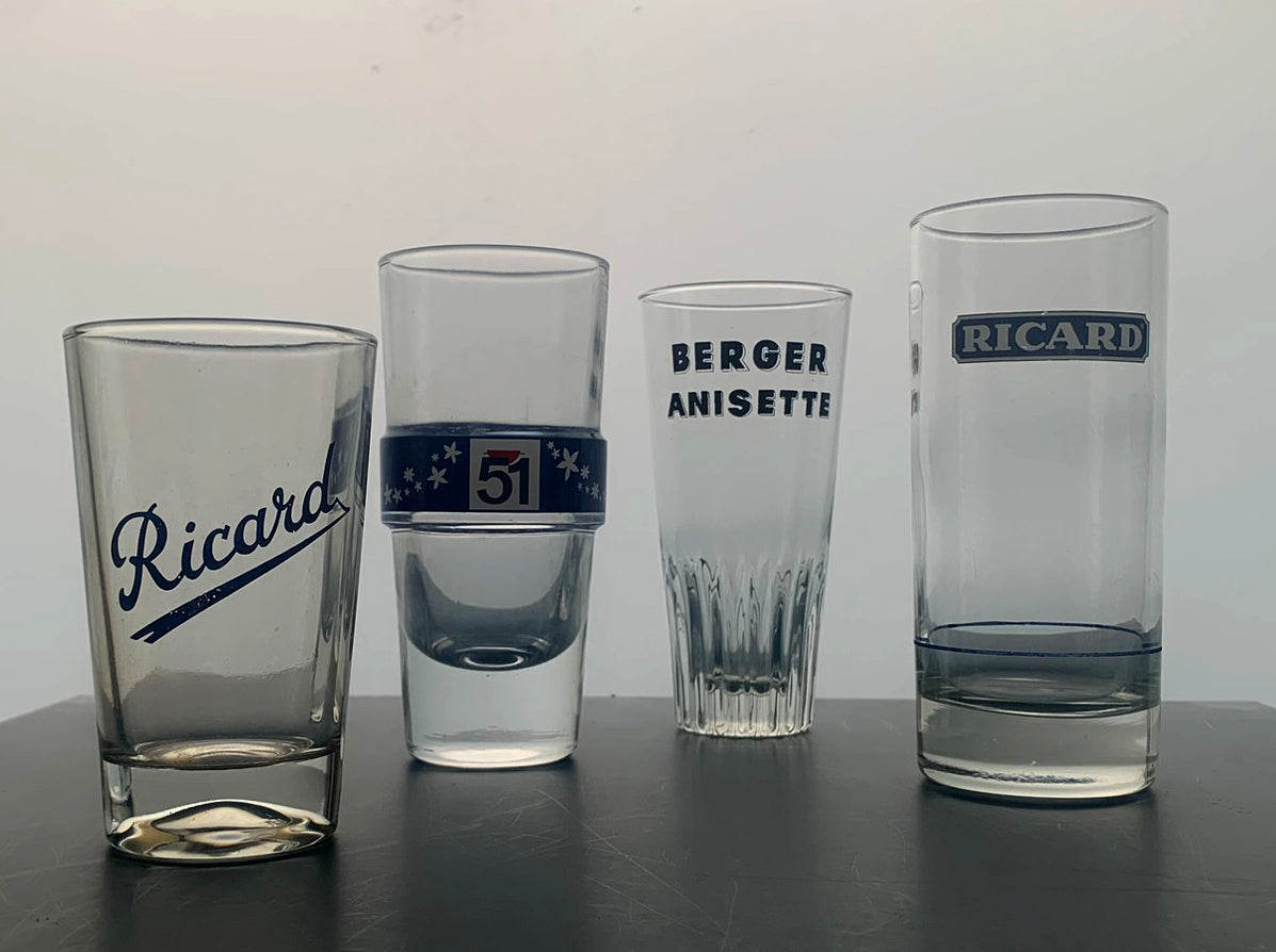 4 x Vintage French Mixed Set Pastis Glasses - Ricard/Pastis 51 & Berger Anisette