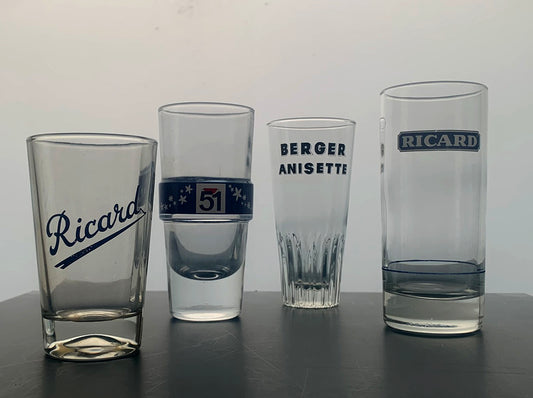 4 x Vintage French Mixed Set Pastis Glasses - Ricard/Pastis 51 & Berger Anisette