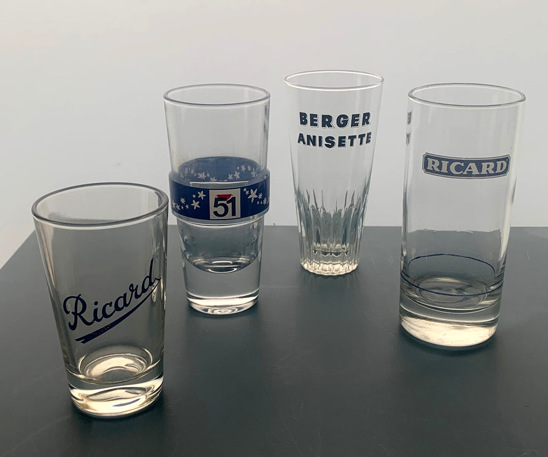 4 x Vintage French Mixed Set Pastis Glasses - Ricard/Pastis 51 & Berger Anisette