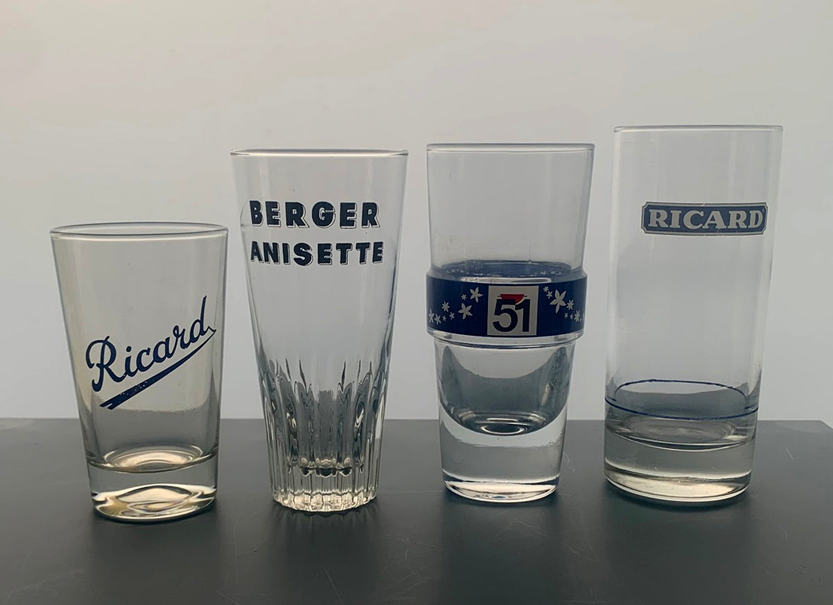 4 x Vintage French Mixed Set Pastis Glasses - Ricard/Pastis 51 & Berger Anisette