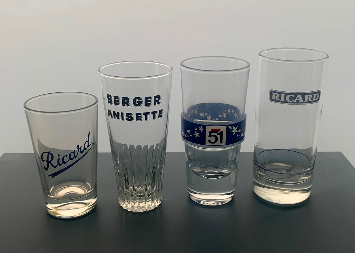 4 x Vintage French Mixed Set Pastis Glasses - Ricard/Pastis 51 & Berger Anisette