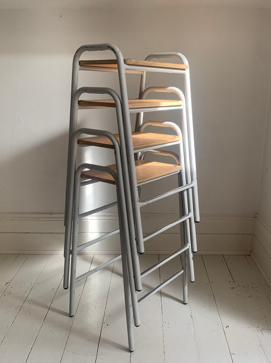 4 x Vintage School Stacking Stools - Ply Seats &amp; Tubular Metal Frame