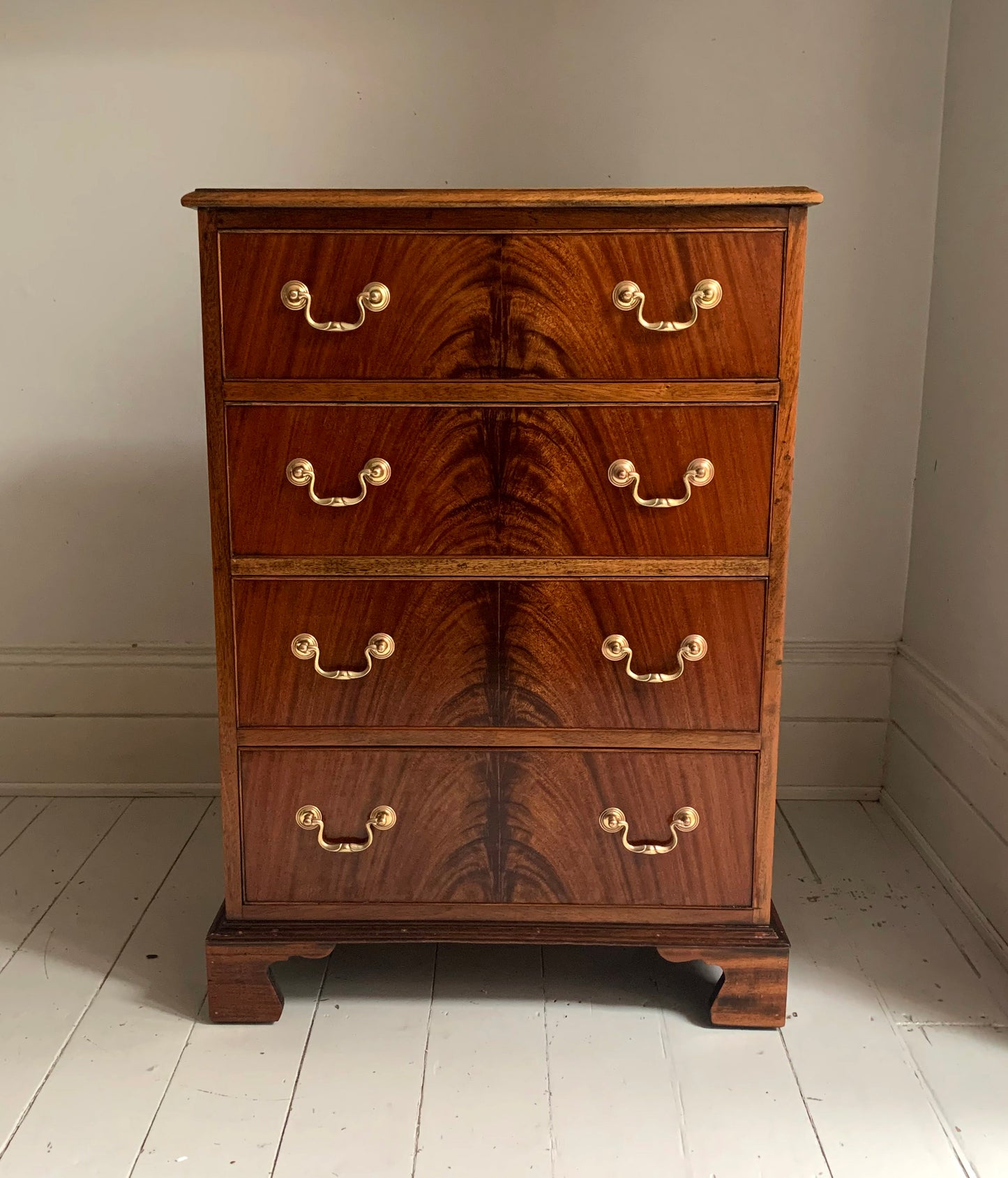 Antique Edwardian Flame Front Mahogany Four Drawer Chest of Drawers