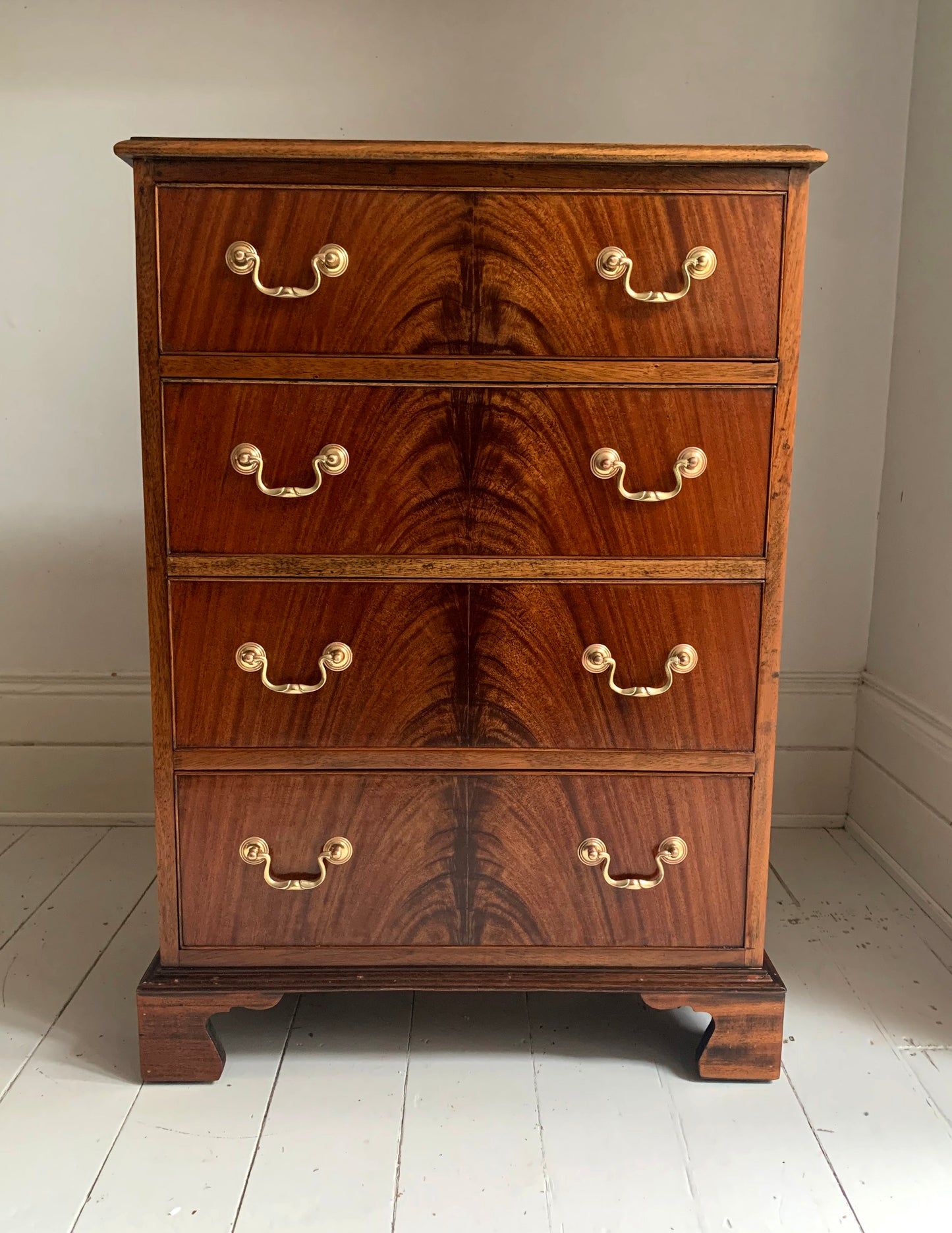 Antique Edwardian Flame Front Mahogany Four Drawer Chest of Drawers