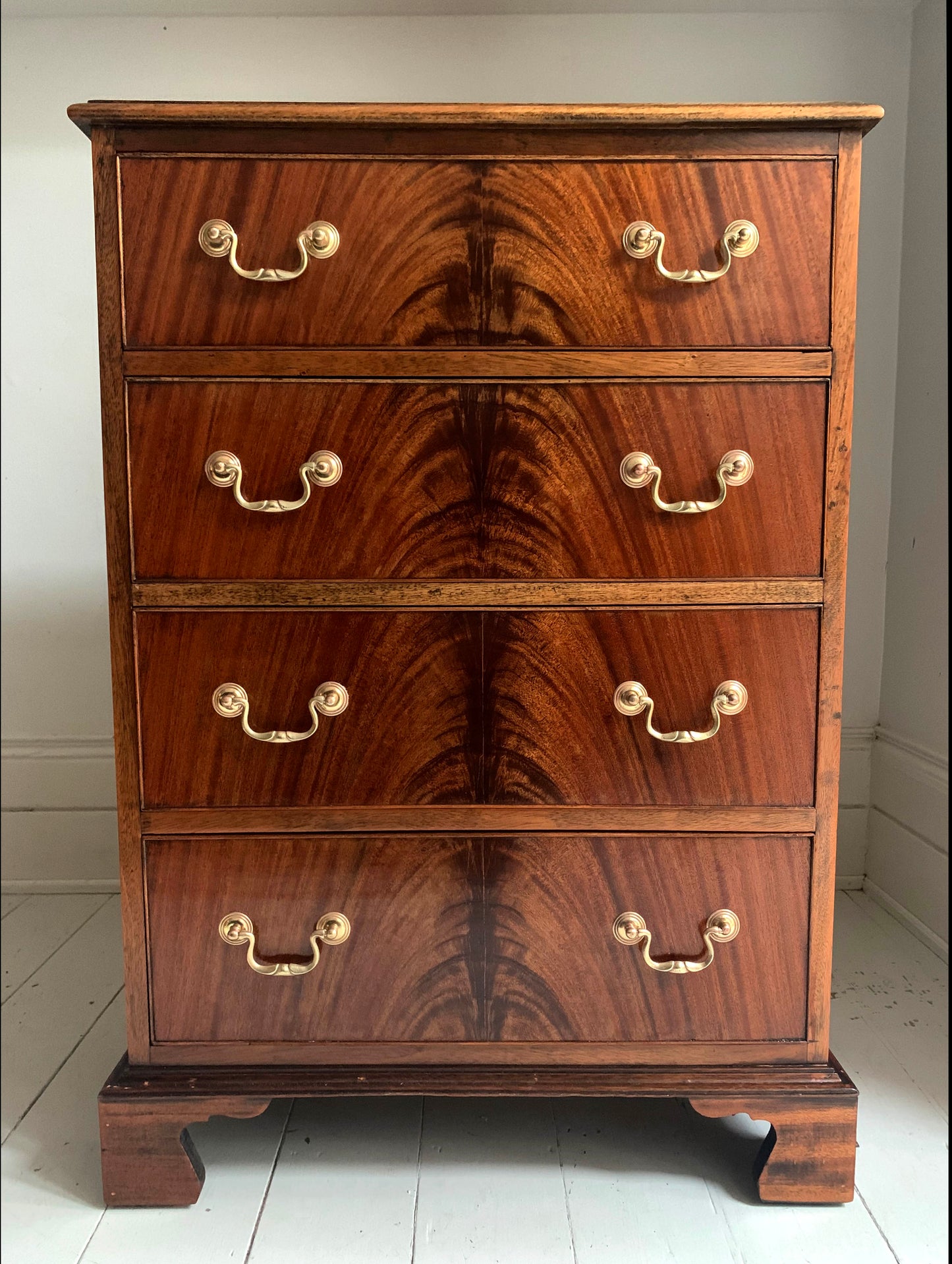Antique Edwardian Flame Front Mahogany Four Drawer Chest of Drawers
