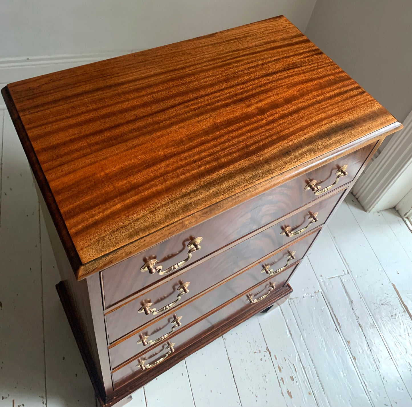 Antique Edwardian Flame Front Mahogany Four Drawer Chest of Drawers