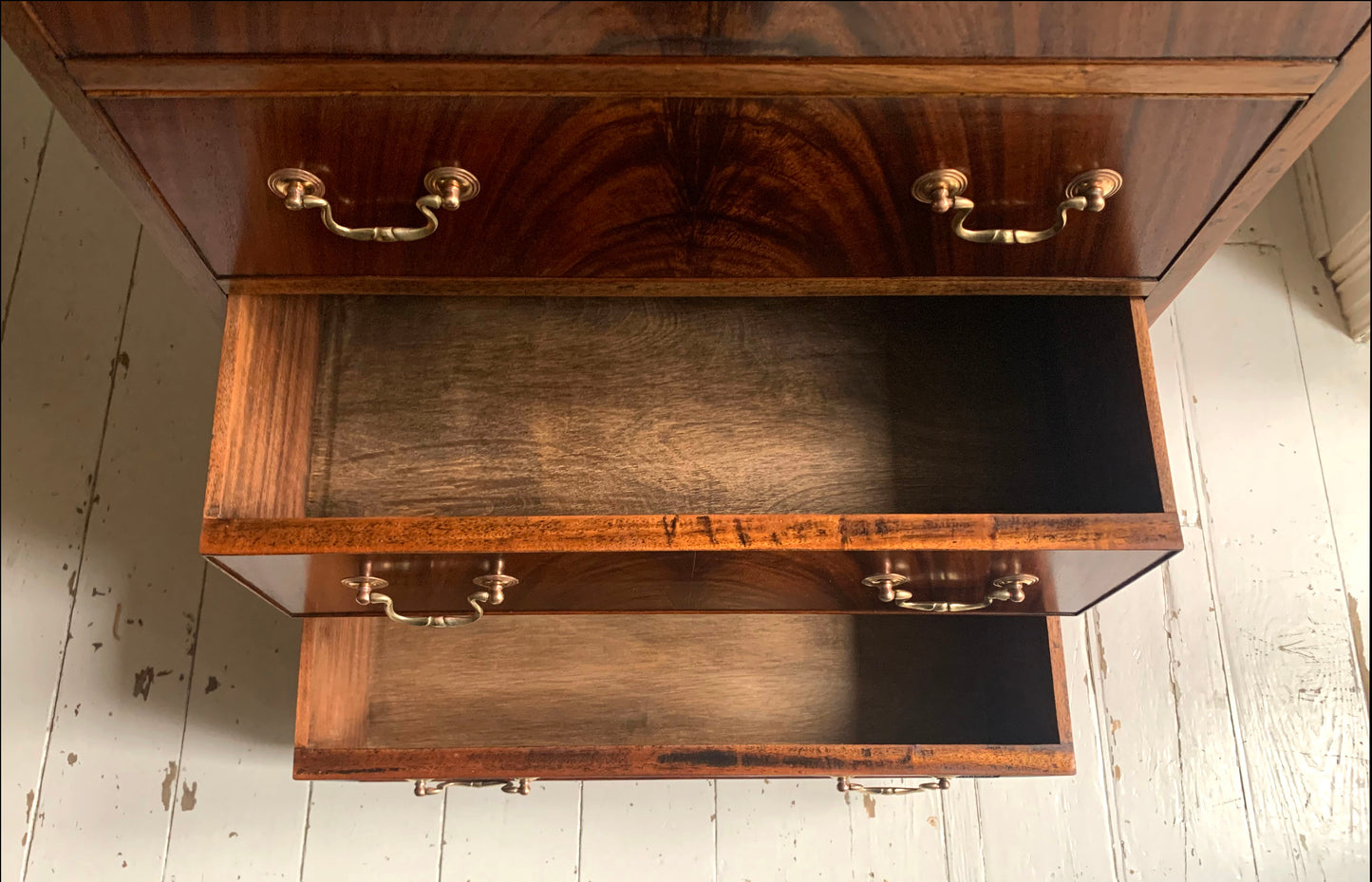 Antique Edwardian Flame Front Mahogany Four Drawer Chest of Drawers