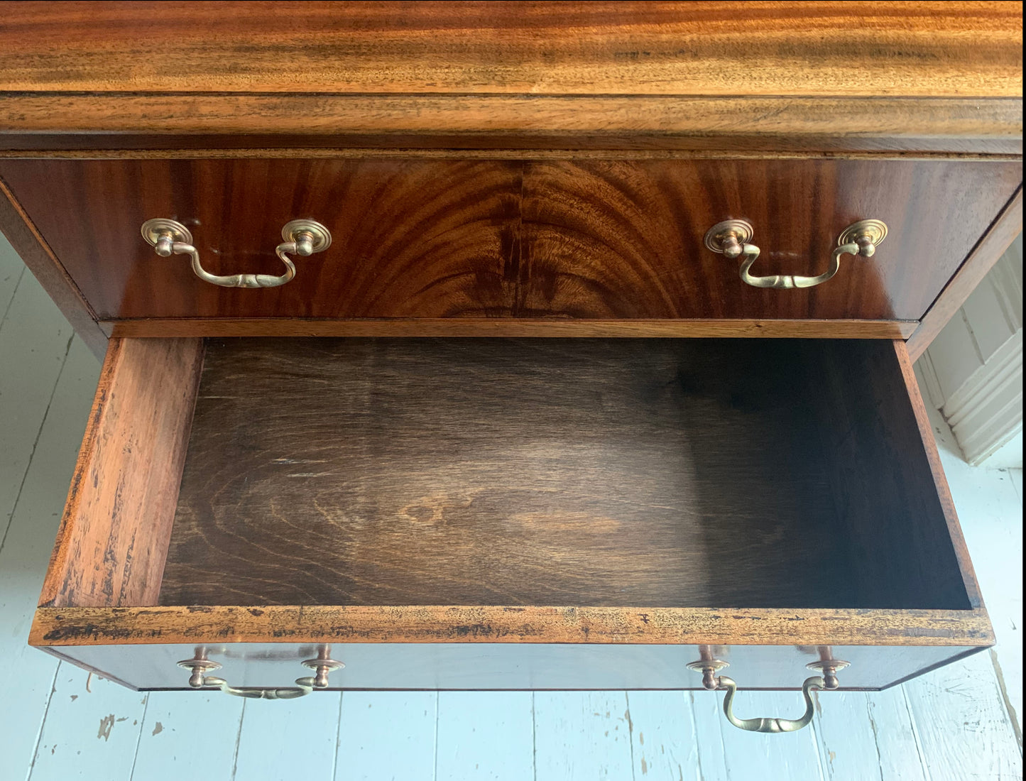 Antique Edwardian Flame Front Mahogany Four Drawer Chest of Drawers