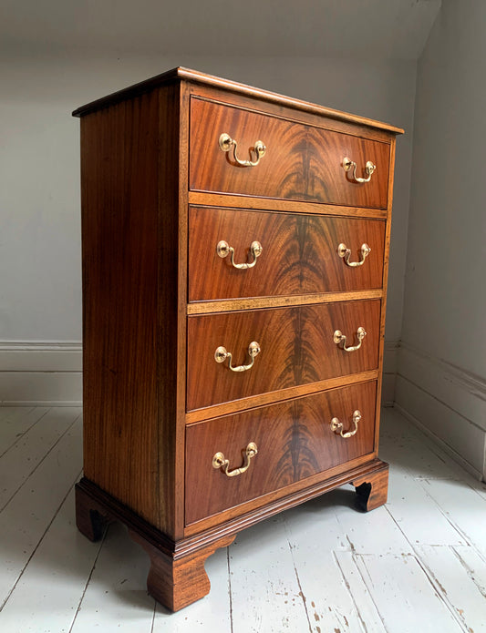 Antique Edwardian Flame Front Mahogany Four Drawer Chest of Drawers