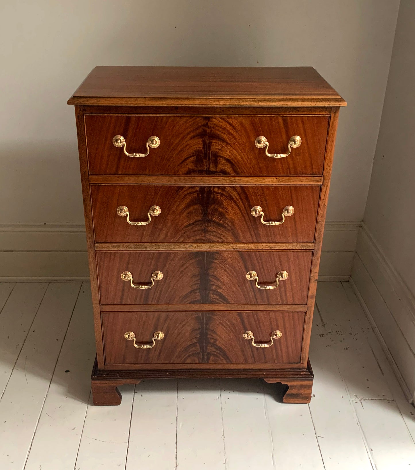 Antique Edwardian Flame Front Mahogany Four Drawer Chest of Drawers