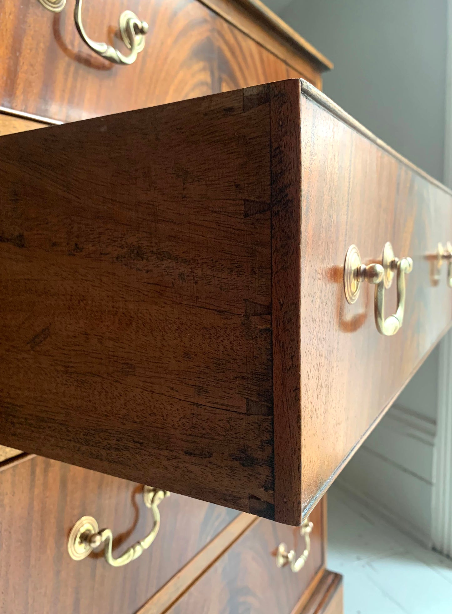 Antique Edwardian Flame Front Mahogany Four Drawer Chest of Drawers