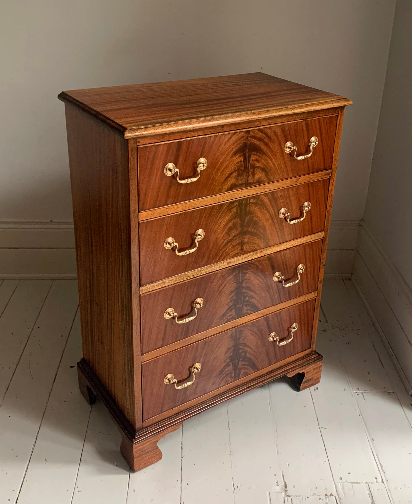Antique Edwardian Flame Front Mahogany Four Drawer Chest of Drawers