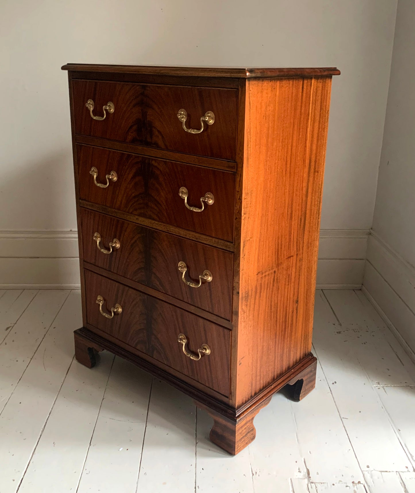 Antique Edwardian Flame Front Mahogany Four Drawer Chest of Drawers