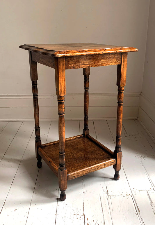 Antique Edwardian Oak Tall Side Table with Pie Crust Edging Top