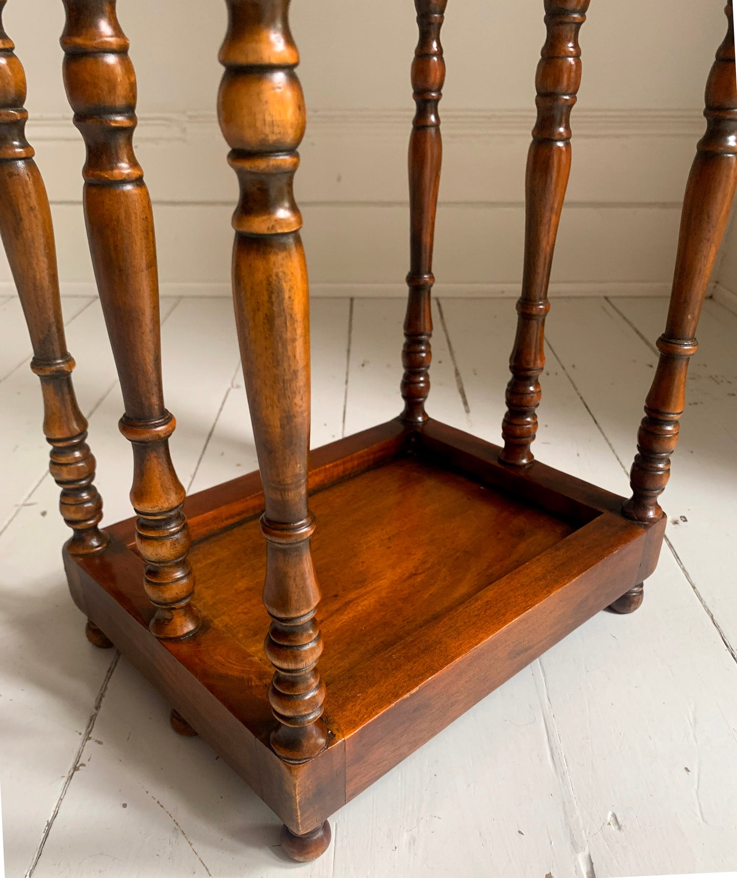 Antique Edwardian Turned Mahogany Umbrella / Stick Stand with Decorative Finials