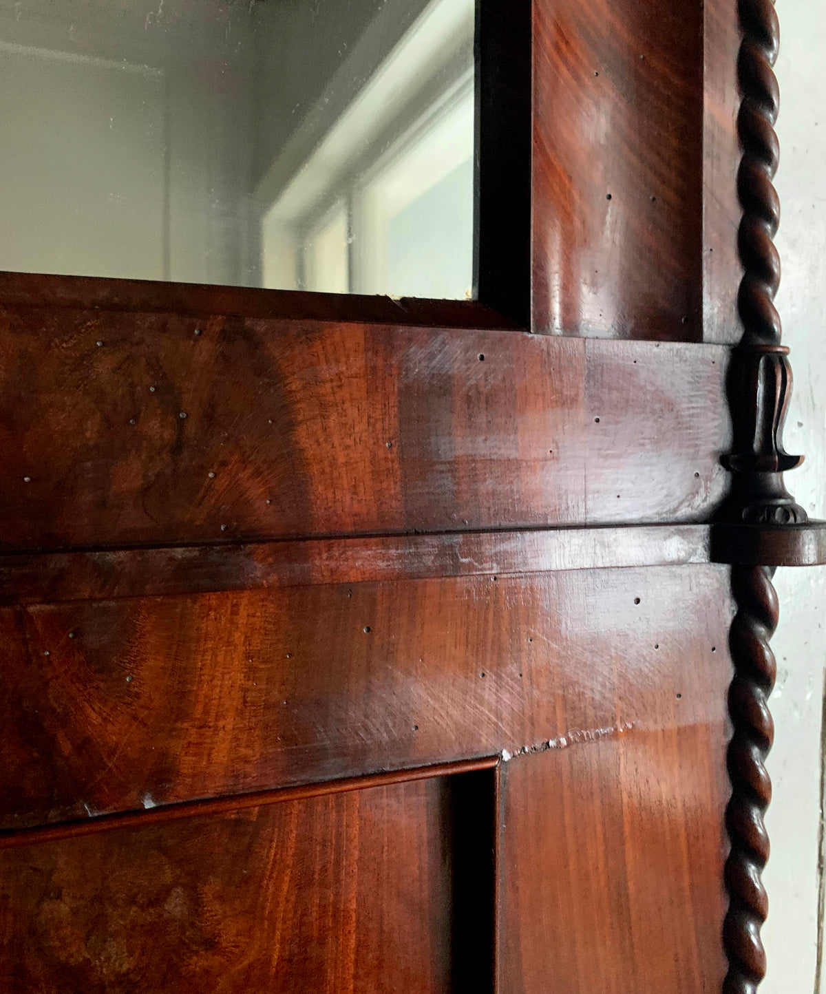 Large Antique Pier Mirror with Mahogany Frame And Barley Twist Detailing