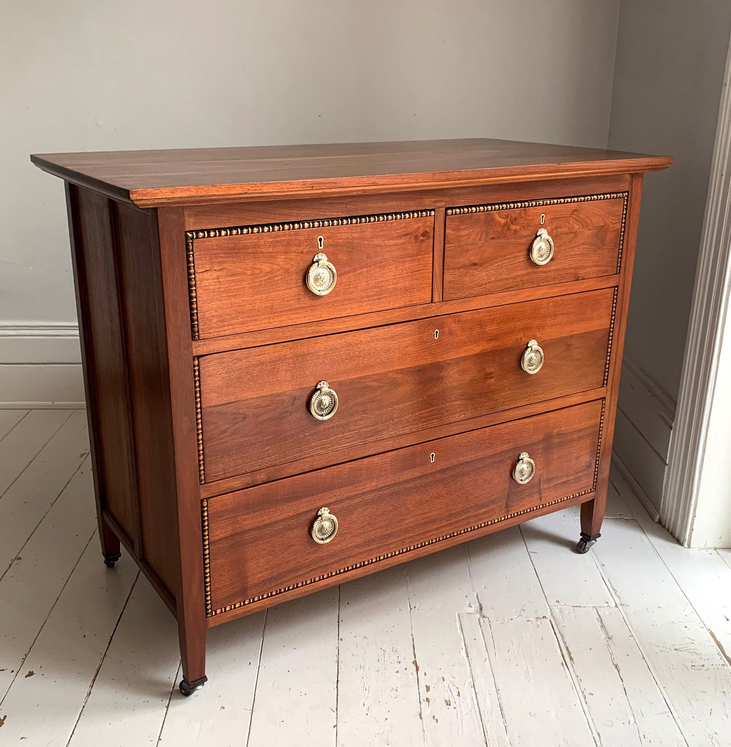 Antique Mahogany Two Over Two Chest Of Drawers, Edwardian on Castors Refurbished