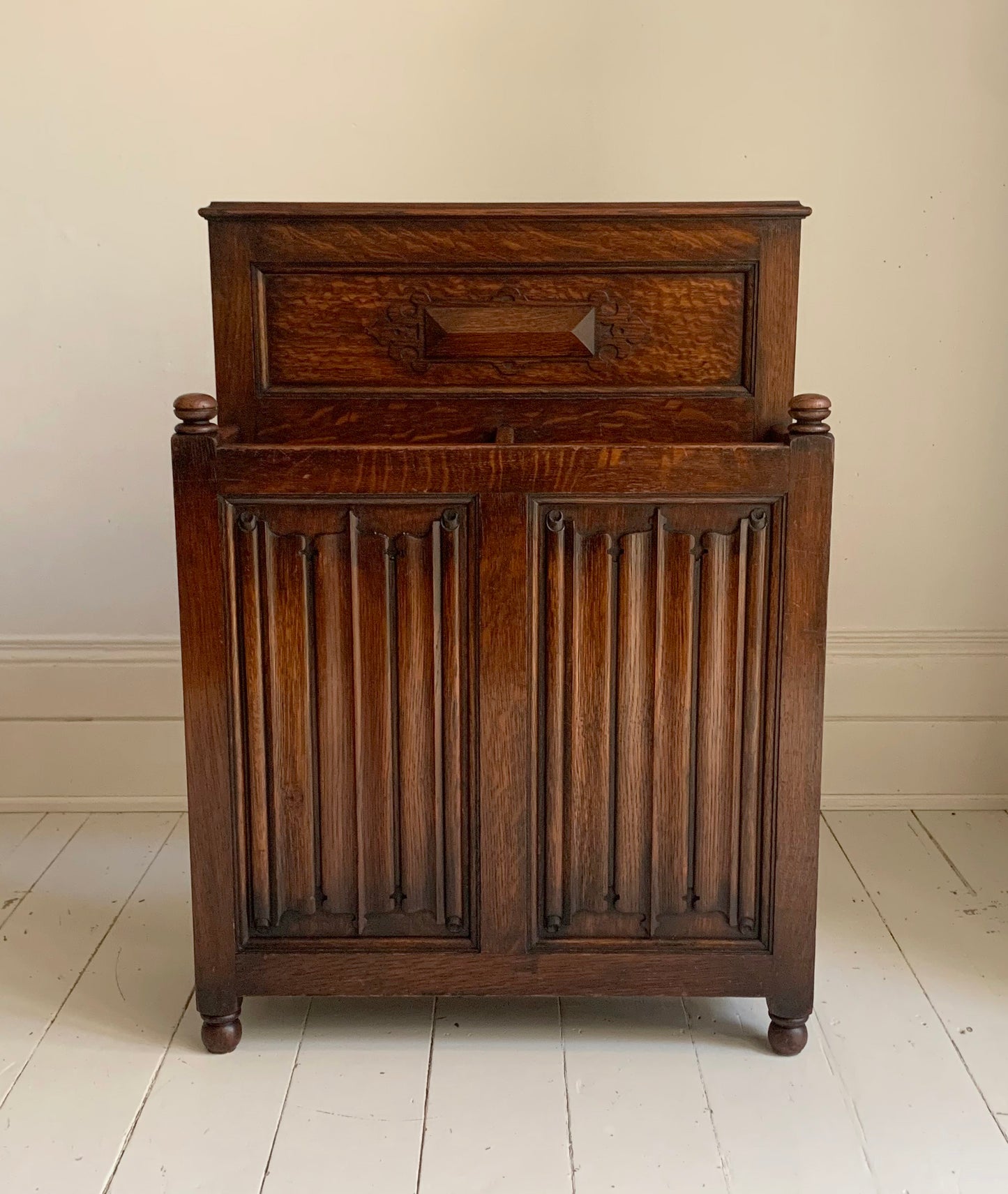 Antique Oak Gothic Style Hallway Umbrella & Stick Stand by Waring & Gillow Ltd.