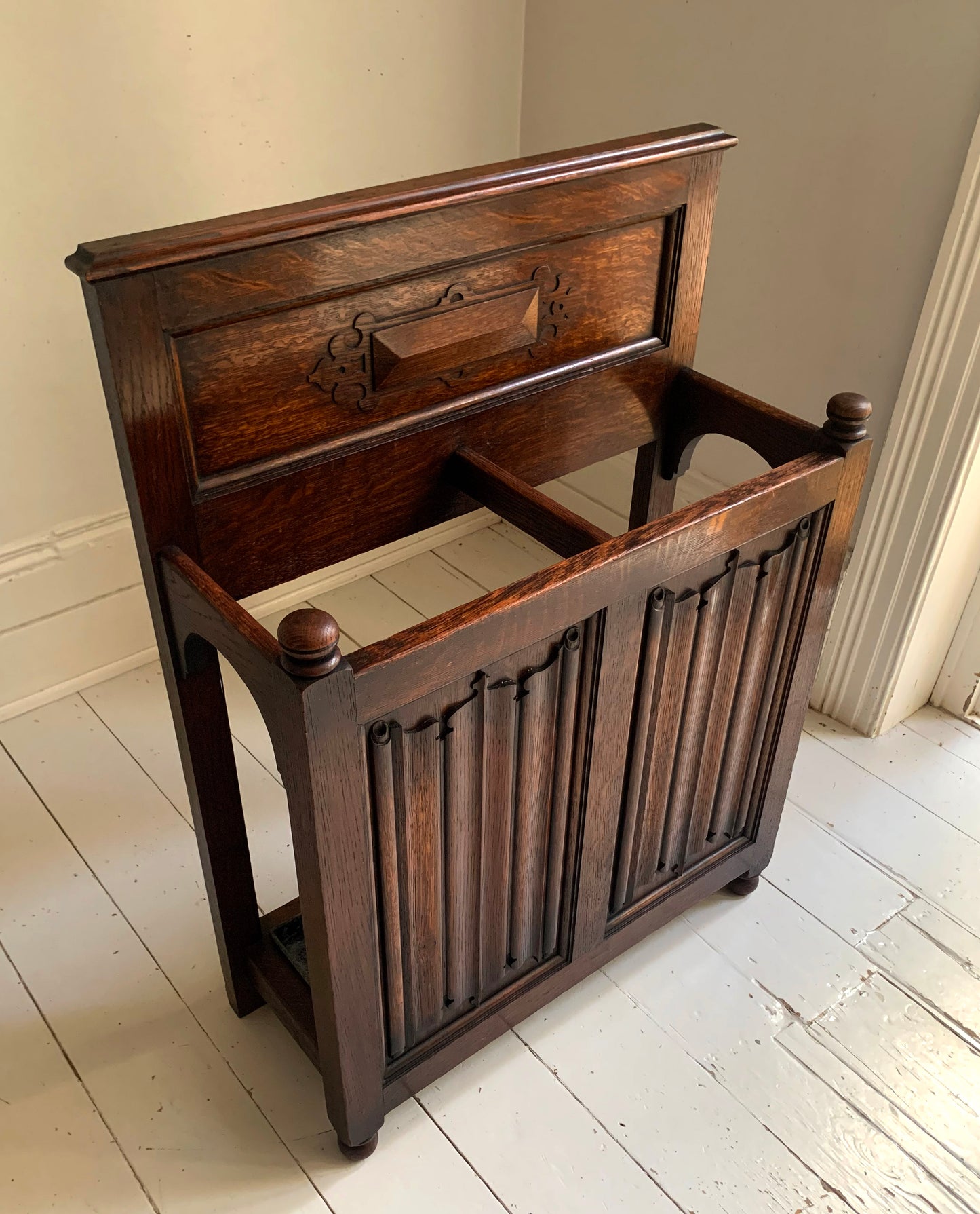 Antique Oak Gothic Style Hallway Umbrella & Stick Stand by Waring & Gillow Ltd.