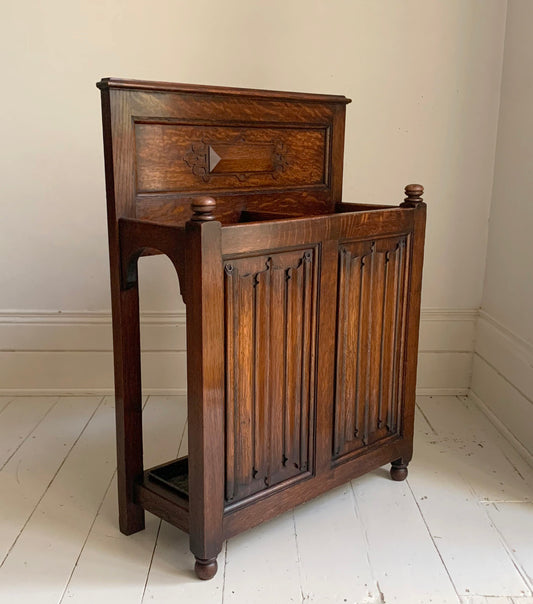 Antique Oak Gothic Style Hallway Umbrella & Stick Stand by Waring & Gillow Ltd.