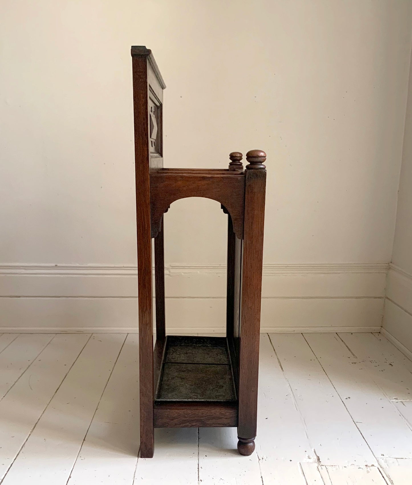 Antique Oak Gothic Style Hallway Umbrella & Stick Stand by Waring & Gillow Ltd.