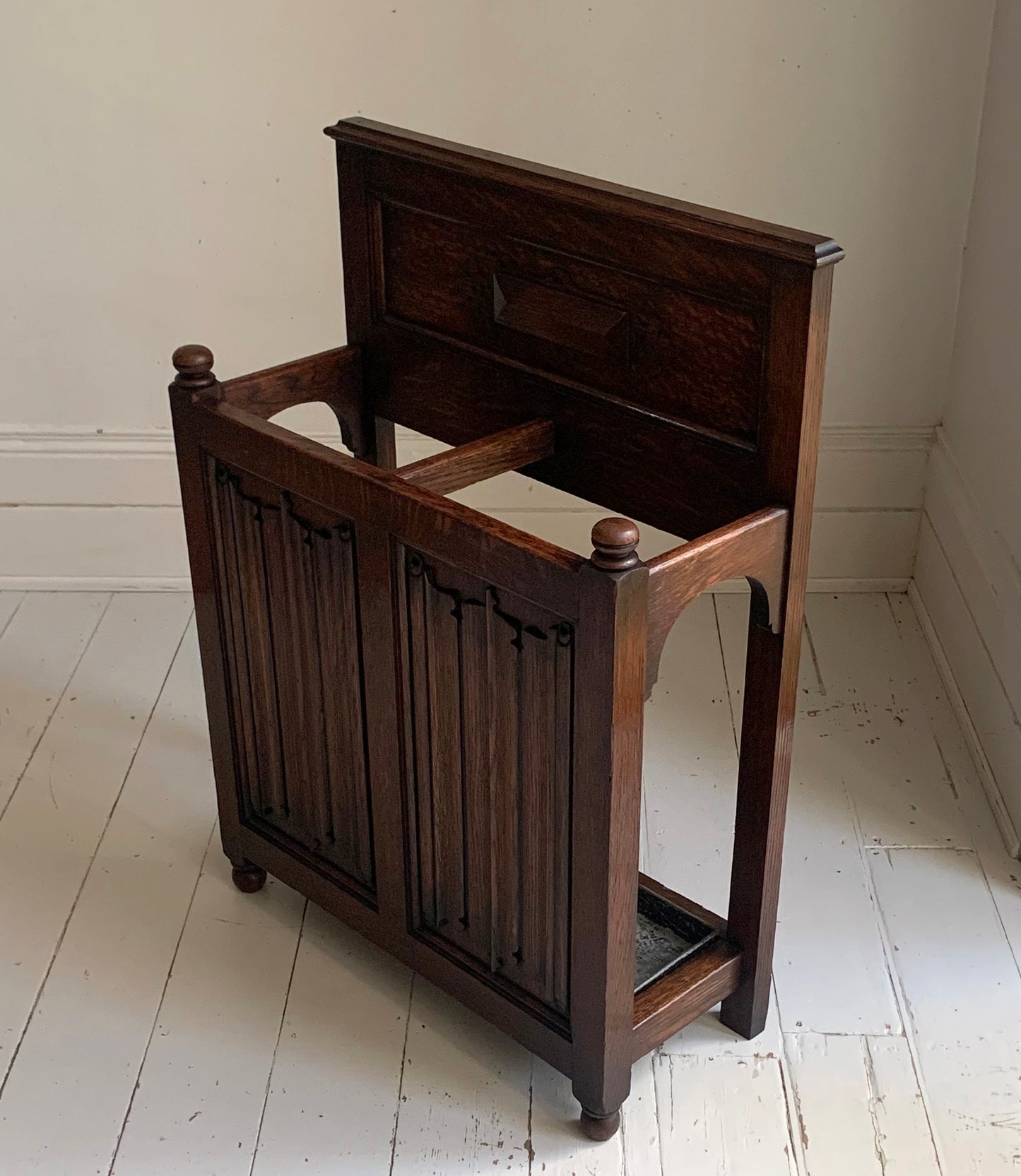 Antique Oak Gothic Style Hallway Umbrella & Stick Stand by Waring & Gillow Ltd.