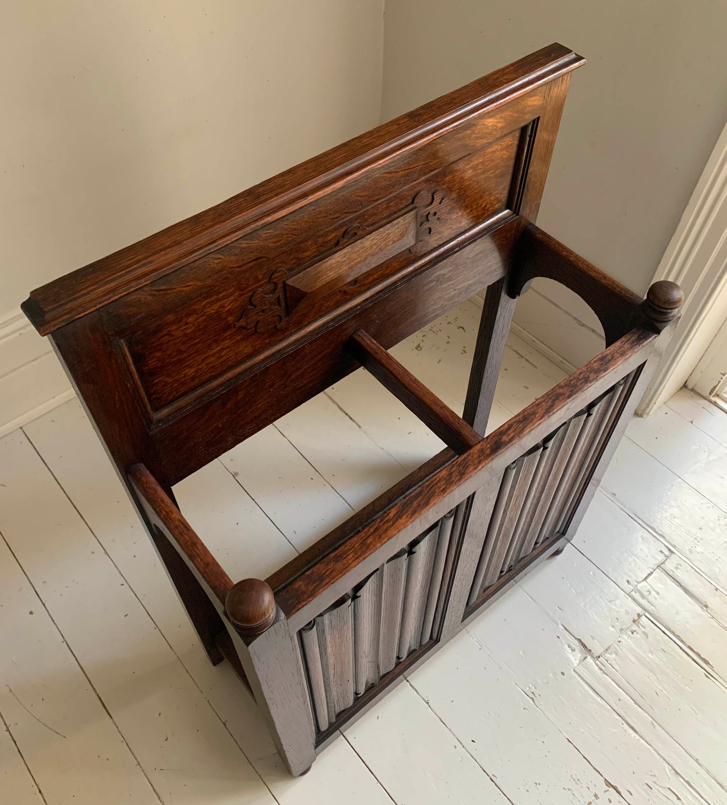 Antique Oak Gothic Style Hallway Umbrella & Stick Stand by Waring & Gillow Ltd.