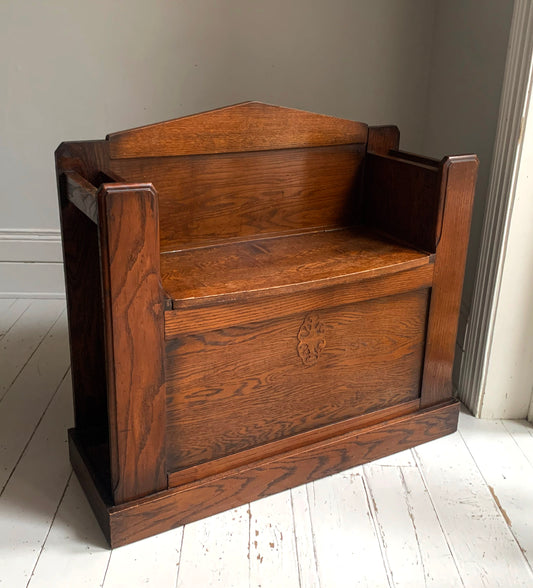 Antique Oak Arts & Craft Hall Seat / Settle /With Arms, Storage & Umbrella Trays