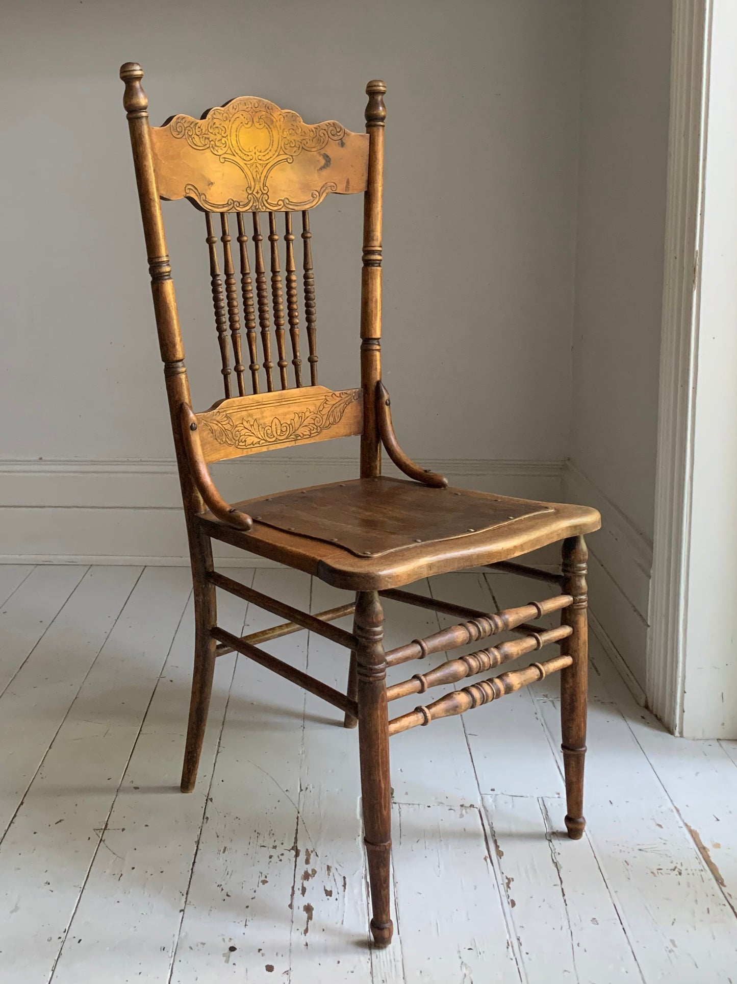 Antique Pressed Back Oak Dining Chair with Spindle Back & Pressed Oak Seat