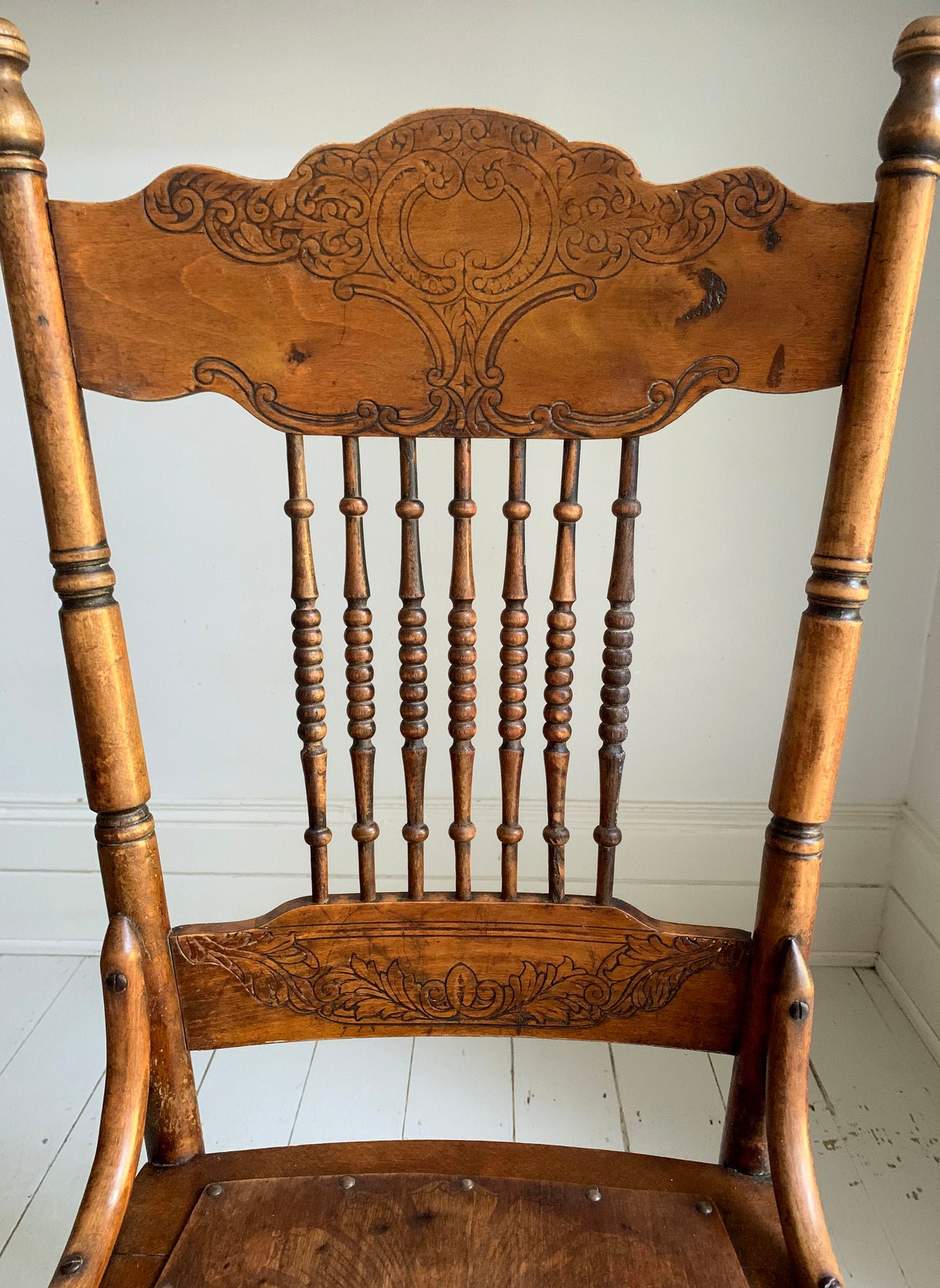 Antique Pressed Back Oak Dining Chair with Spindle Back & Pressed Oak Seat