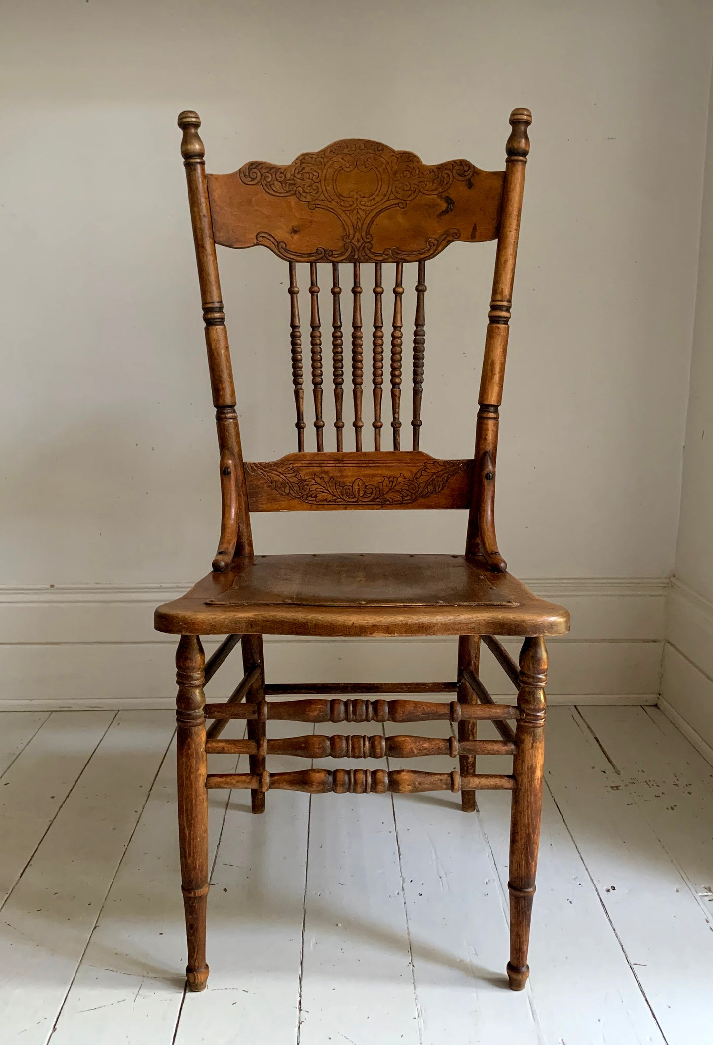 Antique Pressed Back Oak Dining Chair with Spindle Back & Pressed Oak Seat