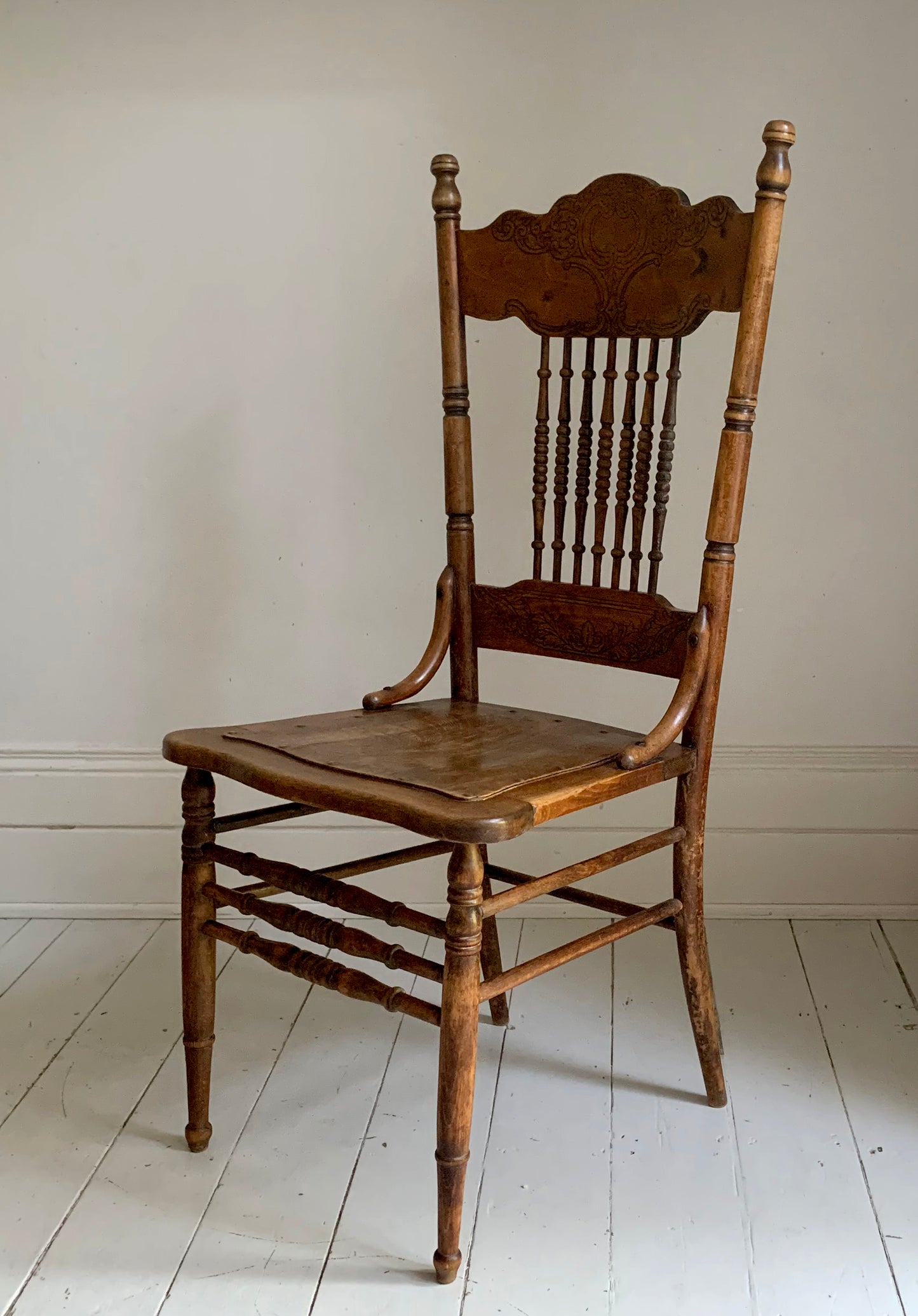 Antique Pressed Back Oak Dining Chair with Spindle Back & Pressed Oak Seat