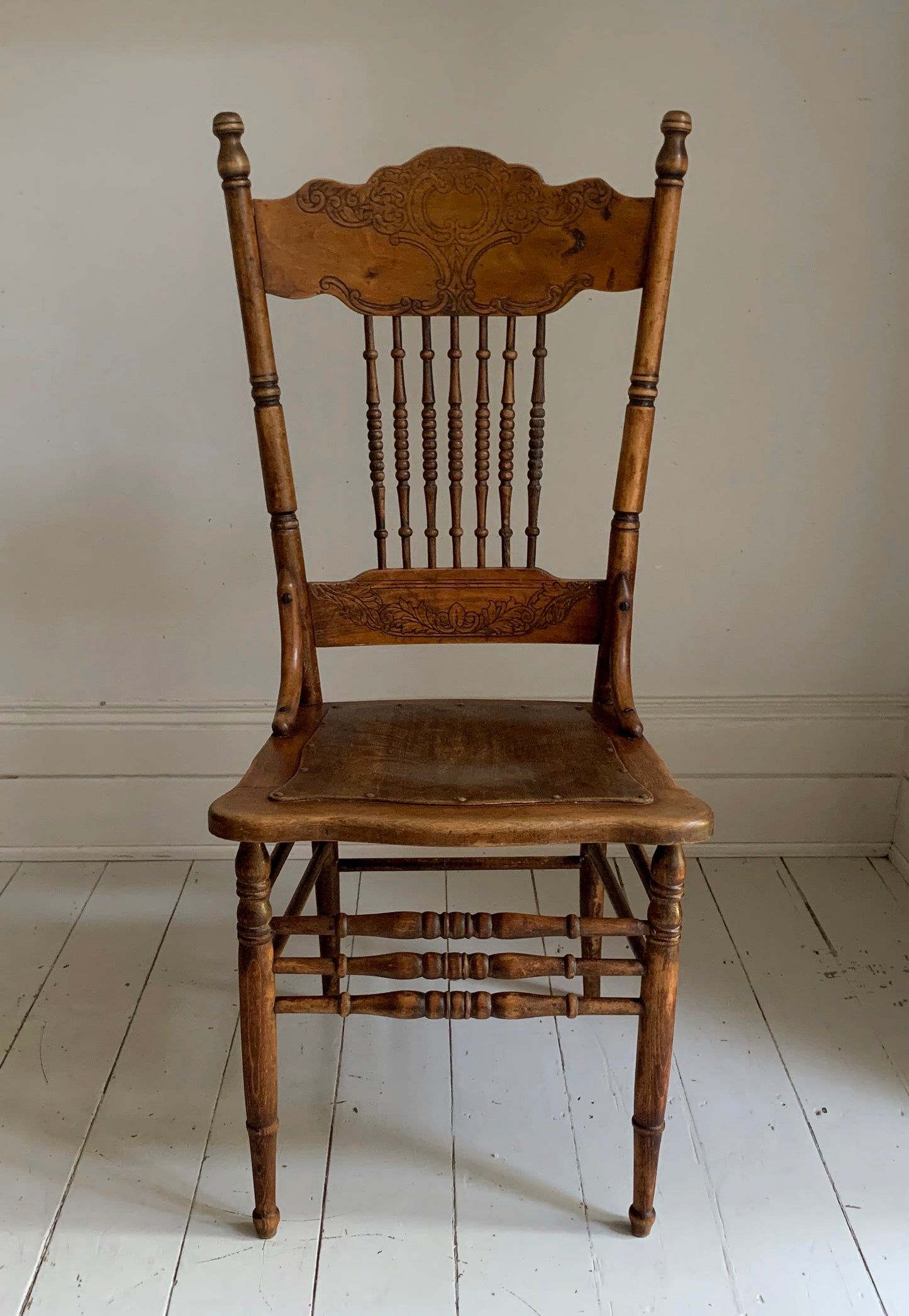 Antique Pressed Back Oak Dining Chair with Spindle Back & Pressed Oak Seat