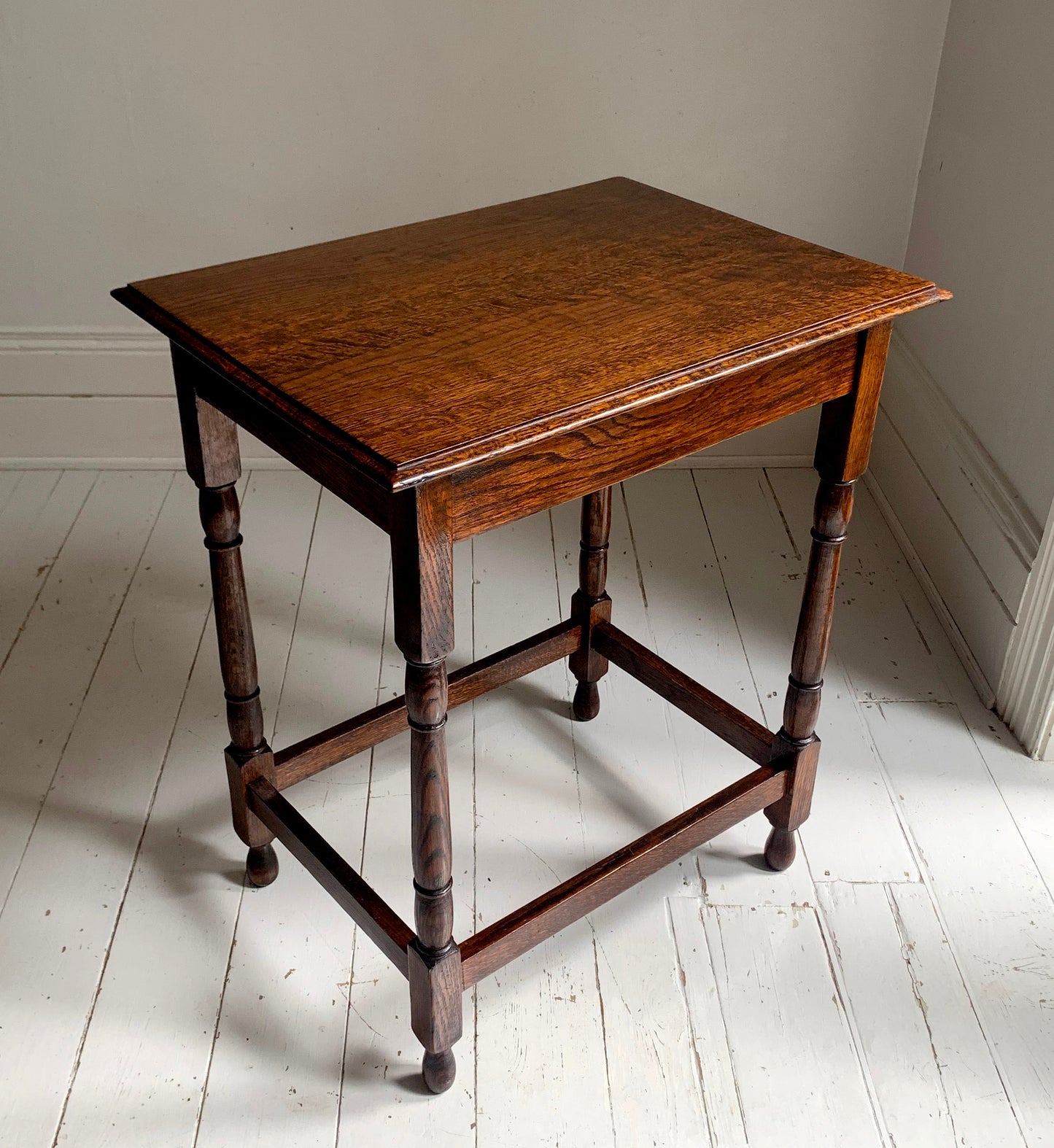 Antique Oak Tall Rectangular Side / Occasional Table with Turned Legs