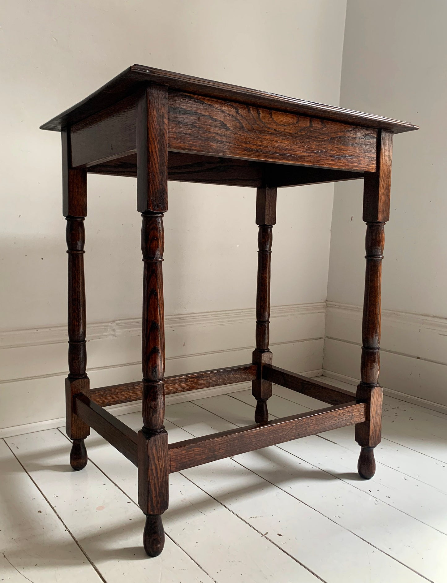 Antique Oak Tall Rectangular Side / Occasional Table with Turned Legs