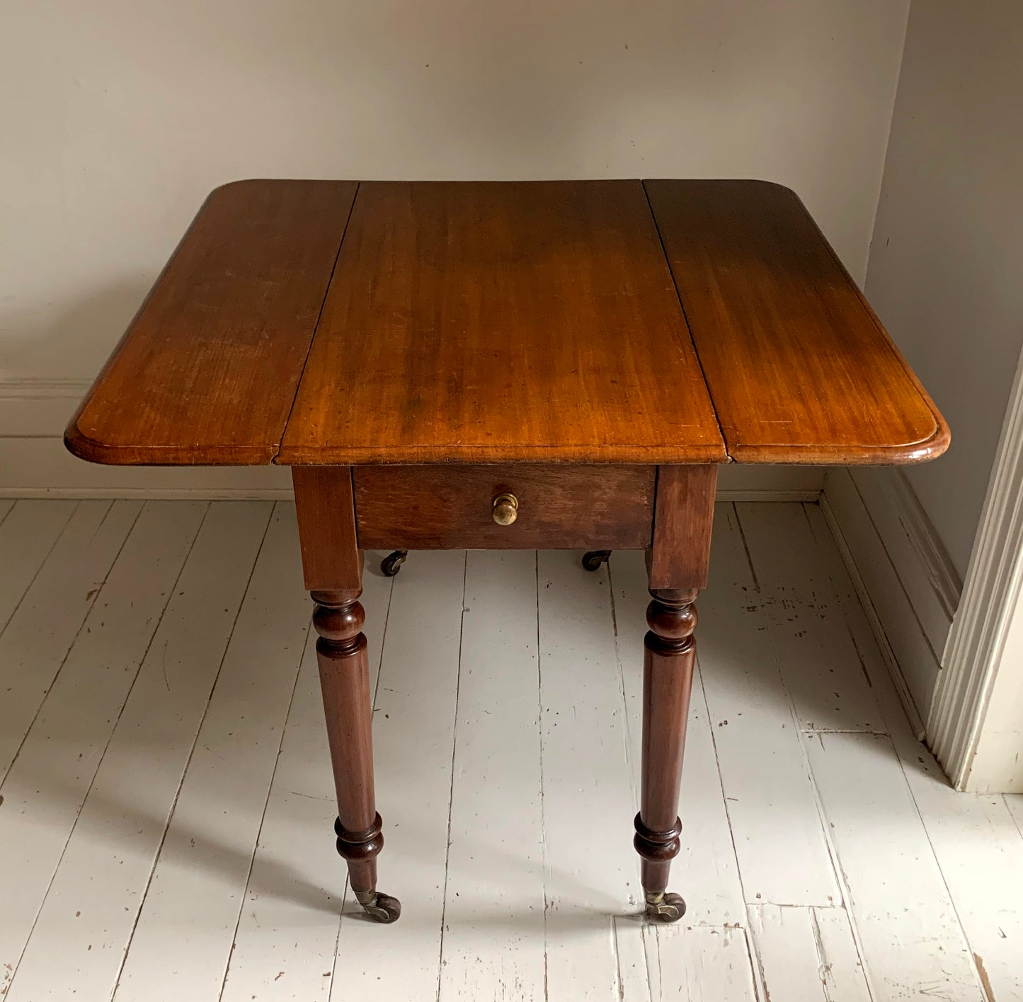 Antique Victorian Mahogany Pembroke Drop Leaf Table on Castors w/ Cutlery Drawer