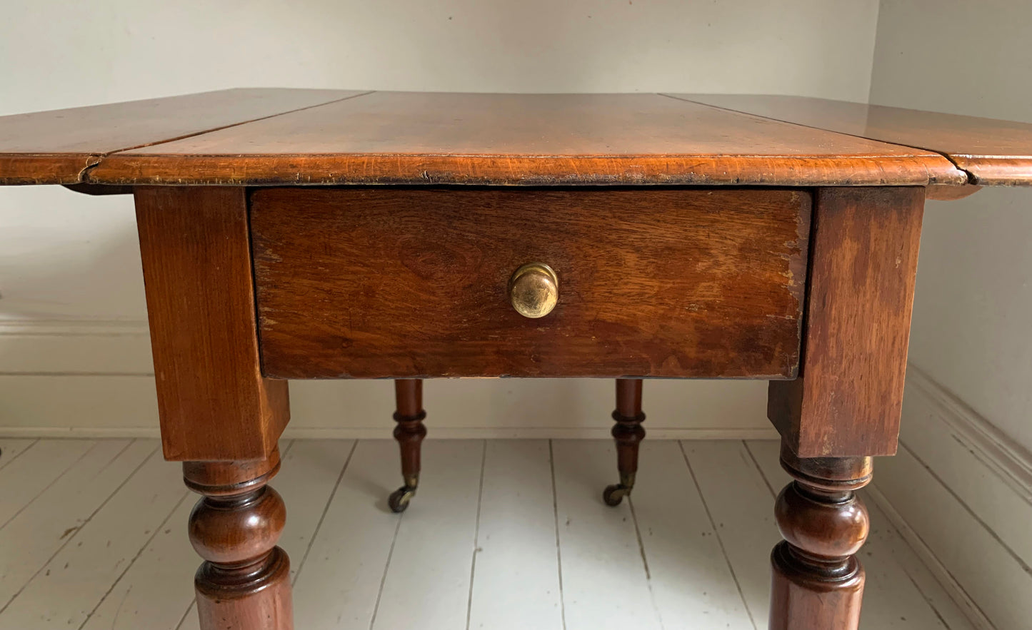Antique Victorian Mahogany Pembroke Drop Leaf Table on Castors w/ Cutlery Drawer